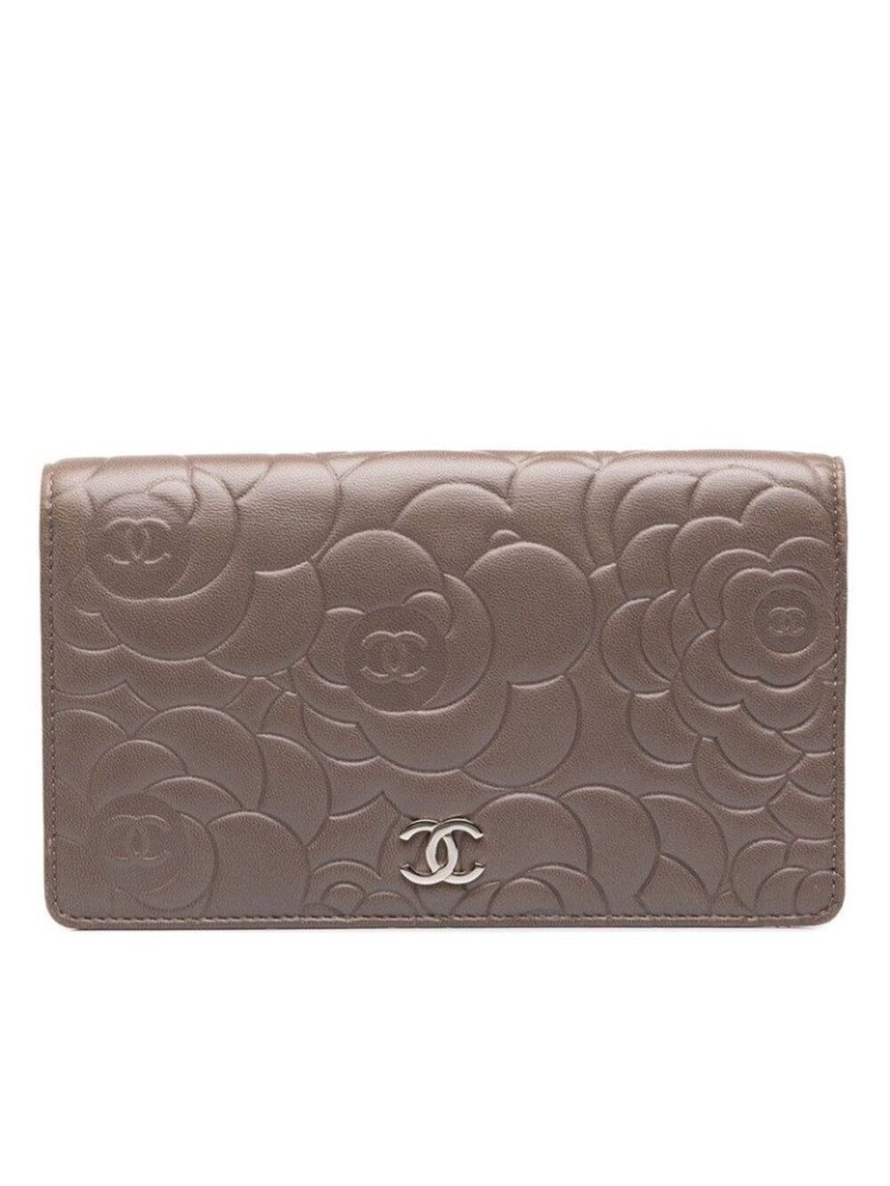 Chanel CC Logo Camellia Embossed Wallet Greige Silver Lambskin